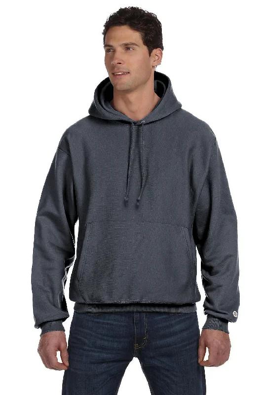 Men's relaxed fit sports hoodie-Champion Mens Shrink Resistant Hooded Sweatshirt Hoodie w/ Pouch Pocket - Heather Charcoal Grey