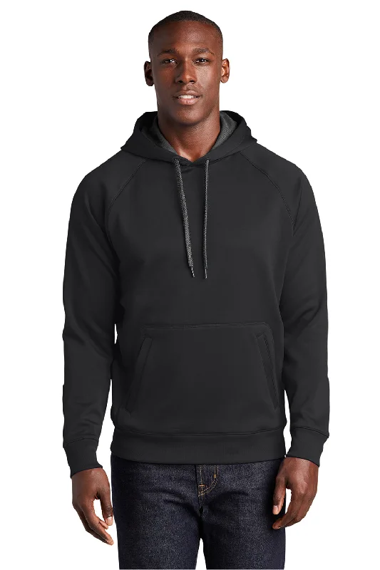 Men's weatherproof hiking hoodie-Sport-Tek Mens Tech Moisture Wicking Fleece Hooded Sweatshirt Hoodie w/ Pouch Pocket - Black