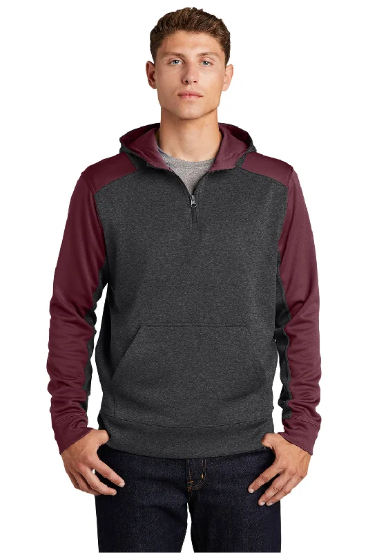 Men's versatile workout hoodie-Sport-Tek Mens Tech Moisture Wicking Fleece 1/4 Zip Hooded Sweatshirt Hoodie w/ Patch Pocket - Heather Graphite Grey/Maroon