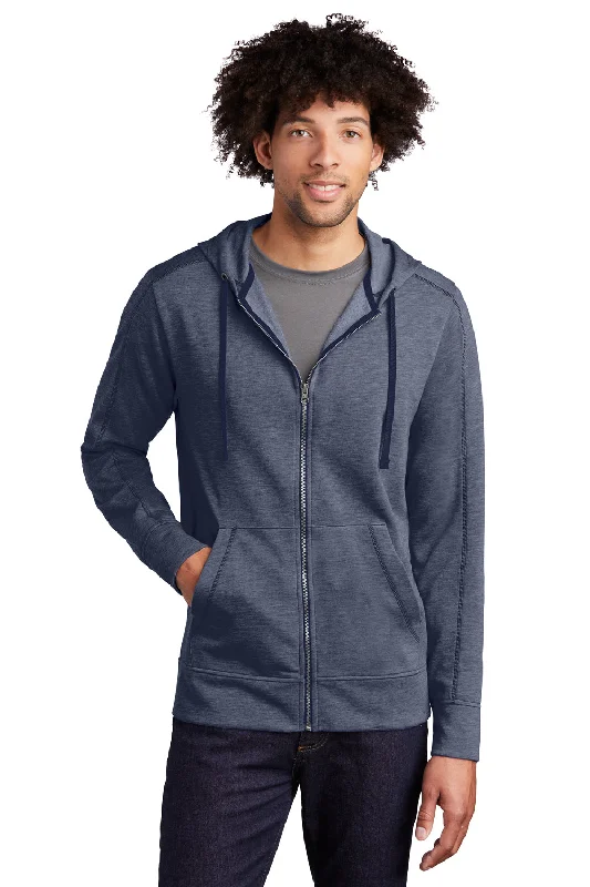 Men's ultra-light gym hoodie-Sport-Tek Mens Moisture Wicking Fleece Full Zip Hooded Sweatshirt Hoodie w/ Pockets - Heather True Navy Blue