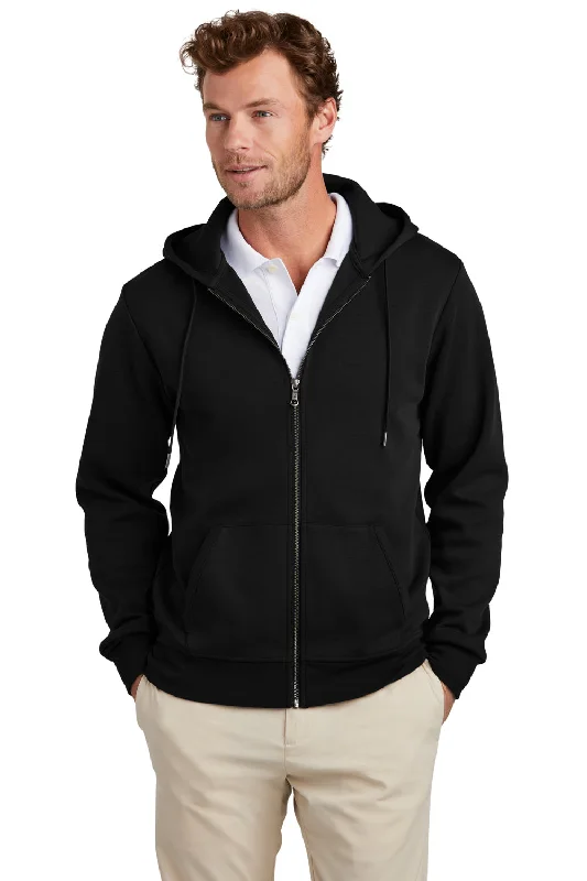 Men's fashion-forward pullover hoodie-Brooks Brothers Mens Double Knit Full Zip Hooded Sweatshirt Hoodie w/ Pockets - Deep Black