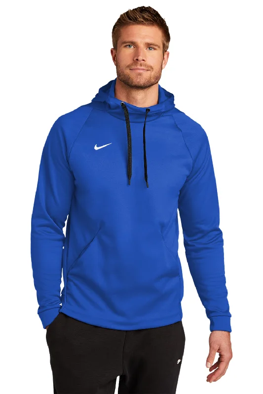 Men's sporty hiking hoodie-Nike Mens Therma-Fit Moisture Wicking Fleece Hooded Sweatshirt Hoodie w/ Pouch Pocket - Team Royal Blue