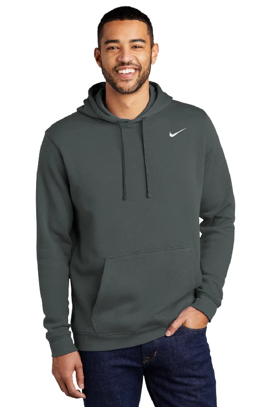 Men's organic sports hoodie-Nike Mens Club Fleece Hooded Sweatshirt Hoodie w/ Pouch Pocket - Anthracite Grey