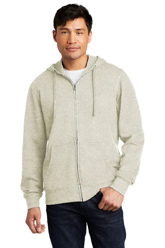 Men's weatherproof hiking hoodie-District Mens Very Important Fleece Full Zip Hooded Sweatshirt Hoodie w/ Pockets - Heather Oatmeal