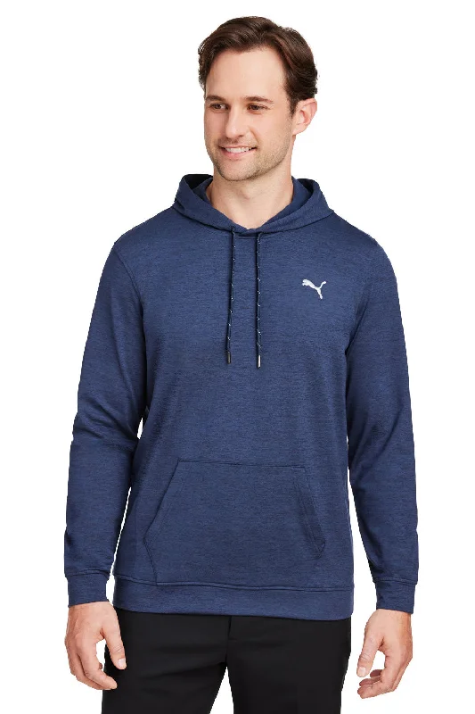 Men's lightweight running hoodie-Puma Mens Cloudspun Moisture Wicking Hooded Sweatshirt Hoodie w/ Pouch Pocket - Heather Navy Blue