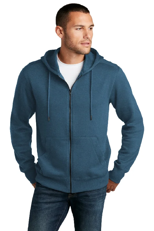 Men's gym-ready fleece hoodie-District Mens Perfect Weight Fleece Full Zip Hooded Sweatshirt Hoodie w/ Pockets - Heather Poseidon Blue