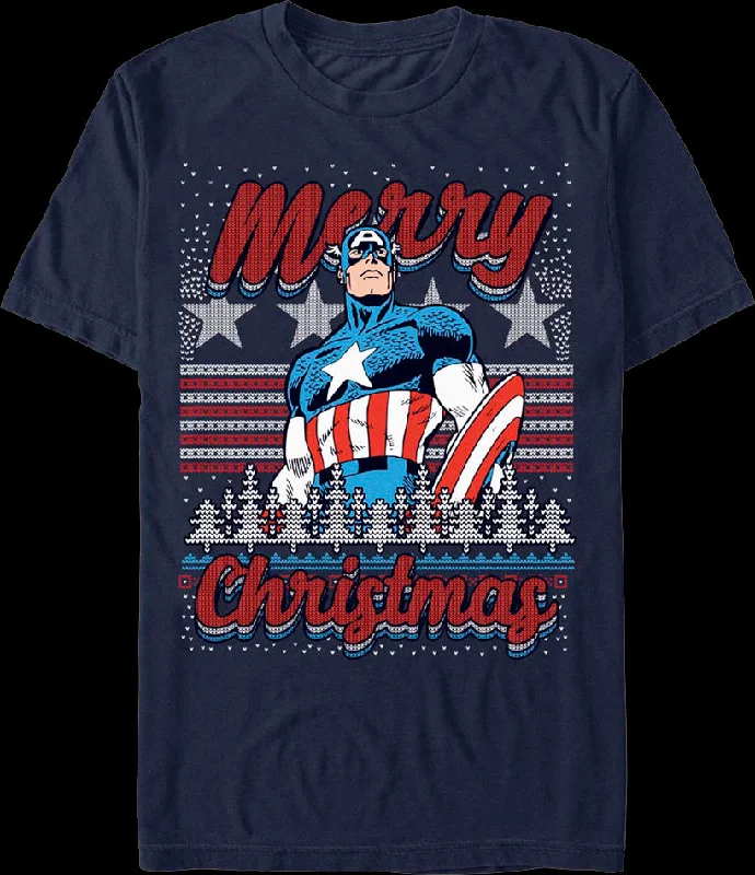 Men's go-to t-shirt-Captain America Merry Christmas Faux Ugly Sweater Marvel T-Shirt