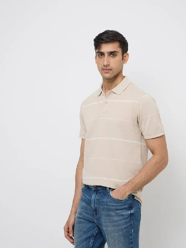 Men's wrinkle-free travel polo shirt-WES Casuals Beige Striped Relaxed-Fit Cotton-Blend Polo T-Shirt