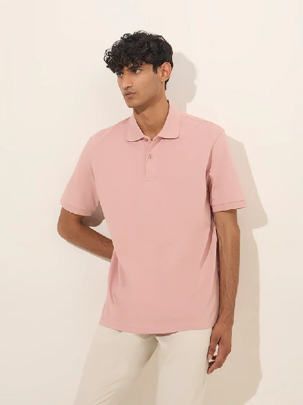 Men's antibacterial office polo shirt-WES Casuals Light Pink Relaxed-Fit Cotton-Blend Polo T-Shirt