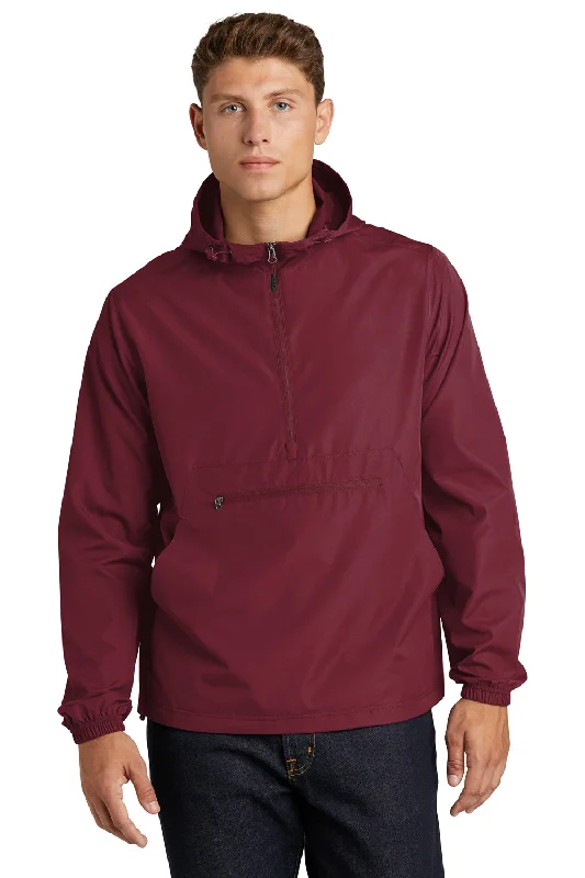 Men's comfortable field jacket-Sport-Tek Mens Wind & Water Resistant Packable Anorak 1/4 Zip Hooded Jacket - Maroon