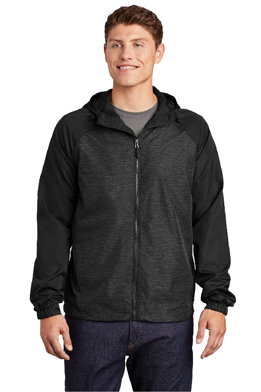 Men's comfortable fleece jacket-Sport-Tek Mens Wind & Water Resistant Full Zip Hooded Jacket - Heather Black/Black - Closeout