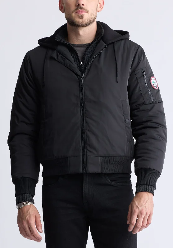 Men's high-performance bomber jacket-Cliff Men's Hooded Zip-Up Bomber Jacket, Black - OBMFB001