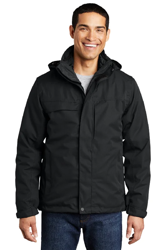 Men's fashion-forward fleece jacket-Port Authority Mens Herringbone 3-in-1 Waterproof Full Zip Hooded Jacket - Black