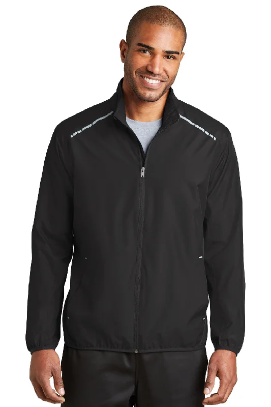 Men's quick-dry trench coat-Port Authority Mens Zephyr Reflective Hit Wind & Water Resistant Full Zip Jacket - Black - Closeout