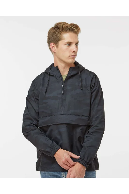 Men's performance trench coat-Independent Trading Co. Mens 1/4 Zip Waterproof Hooded Anorak Jacket - Black Camo