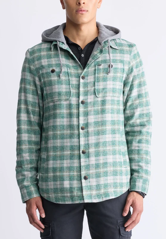 Men's relaxed fit windbreaker-Jakeim Men's Plaid Hooded Shacket, Grey & Green - BM24443