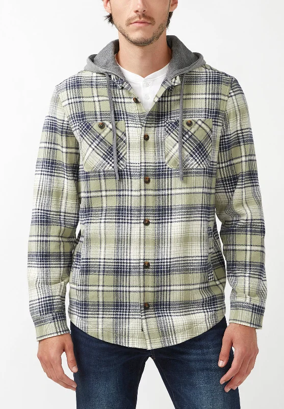 Men's summer utility jacket-Jarvis Men's Hoodie Shacket in Green Grey Plaid - BM24218