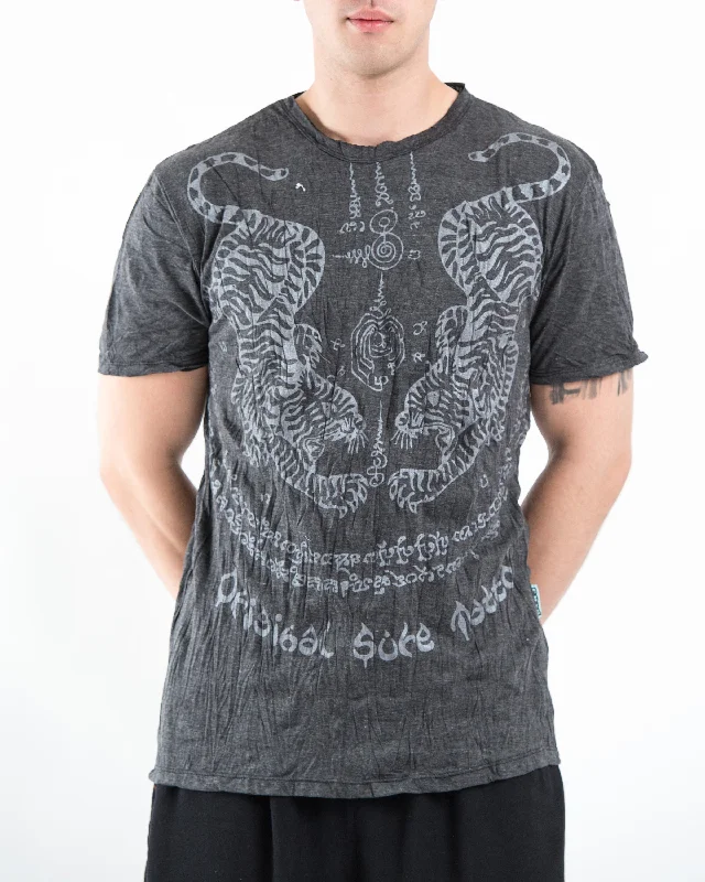 Men's contrast sleeve t-shirt-Mens Thai Tattoo T-Shirt in Silver on Black