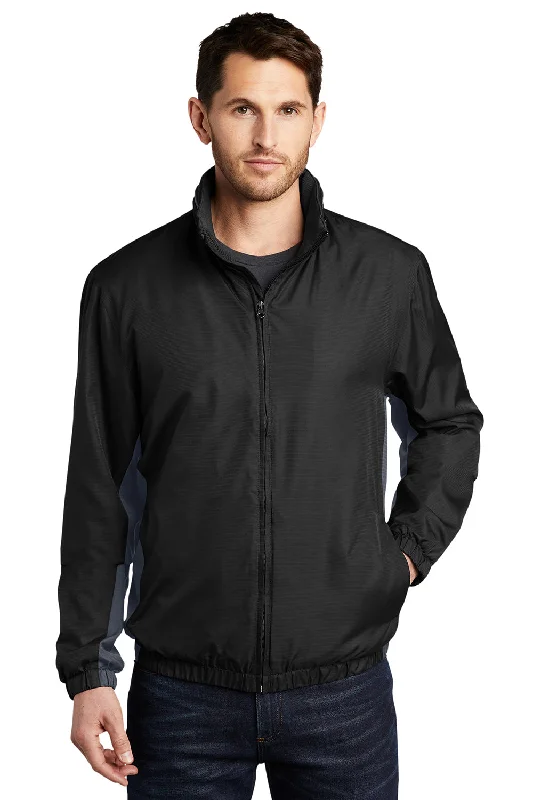 Men's modern fleece jacket-Port Authority Mens Core Wind & Water Resistant Full Zip Jacket - Black/Battleship Grey - Closeout