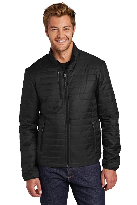 Men's relaxed fit windbreaker-Port Authority Mens Water Resistant Packable Puffy Full Zip Jacket - Deep Black