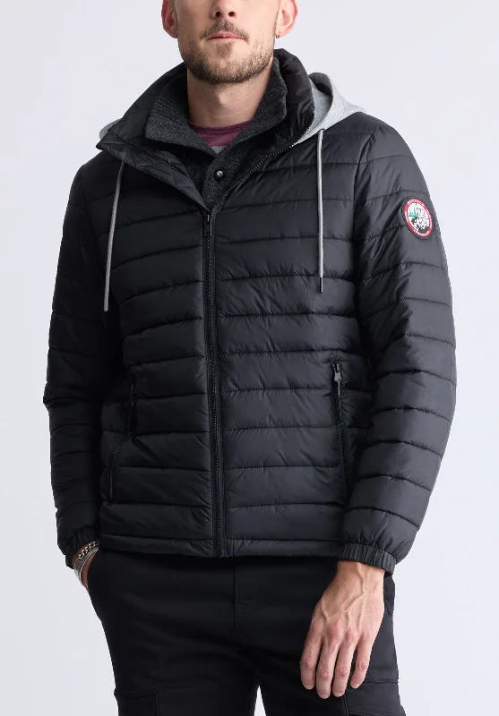 Men's adventure-ready softshell jacket-Vince Men’s Quilted Puffer Zip-Up Jacket with Contrasting Hoodie, Black - OBMFE003