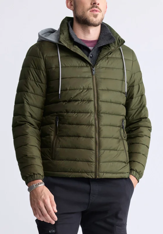 Men's versatile raincoat-Vince Men’s Quilted Puffer Zip-Up Jacket with Contrasting Hoodie, Green - OBMFE003