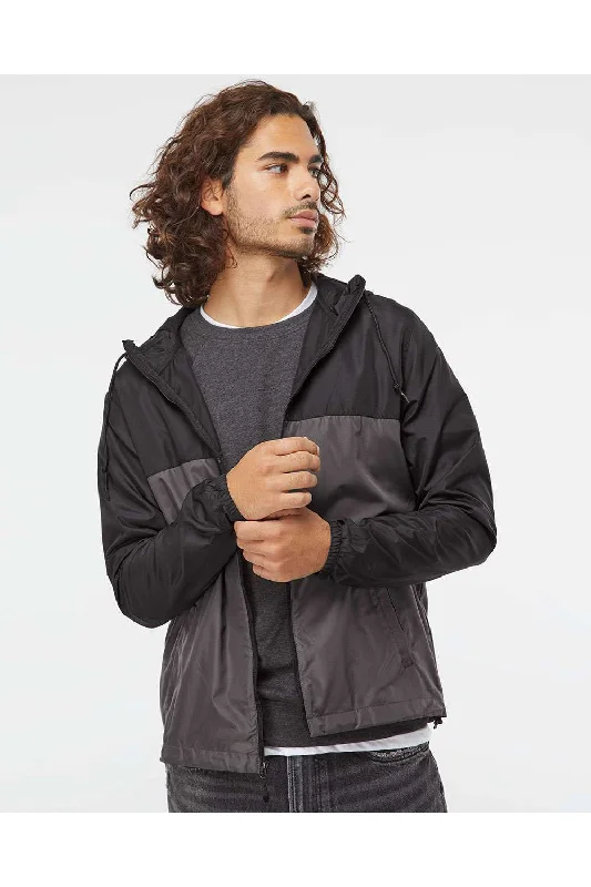 Men's pre-washed windbreaker-Independent Trading Co. Mens Water Resistant Full Zip Windbreaker Hooded Jacket - Black/Graphite Grey