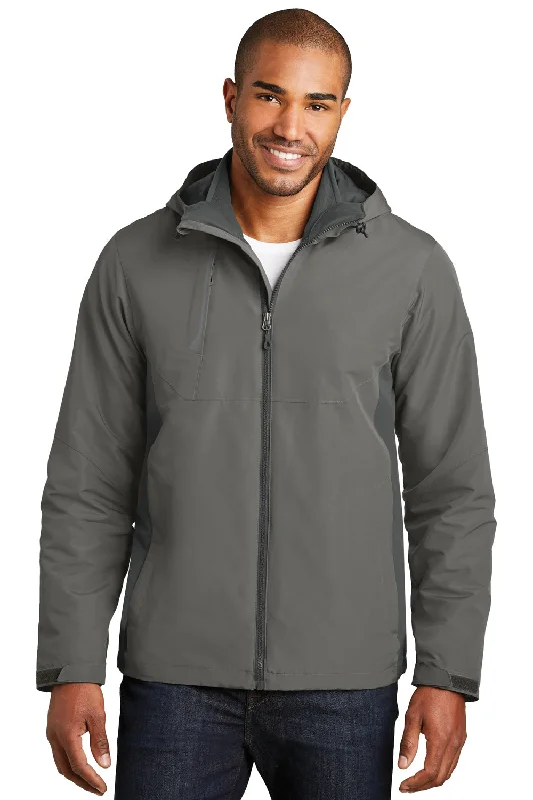 Men's tech-fabric leather jacket-Port Authority Mens Merge 3-in-1 Wind & Water Full Zip Hooded Jacket - Rogue Grey/Steel Grey