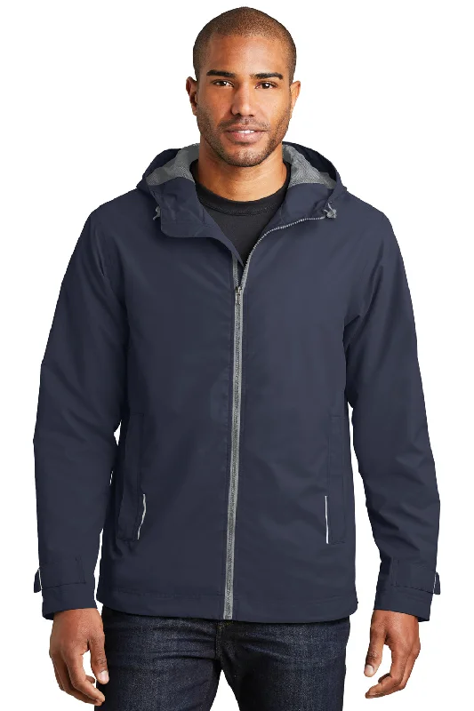 Men's wrinkle-free field jacket-Port Authority Mens Northwest Slicker Waterproof Full Zip Hooded Jacket - Navy Blue