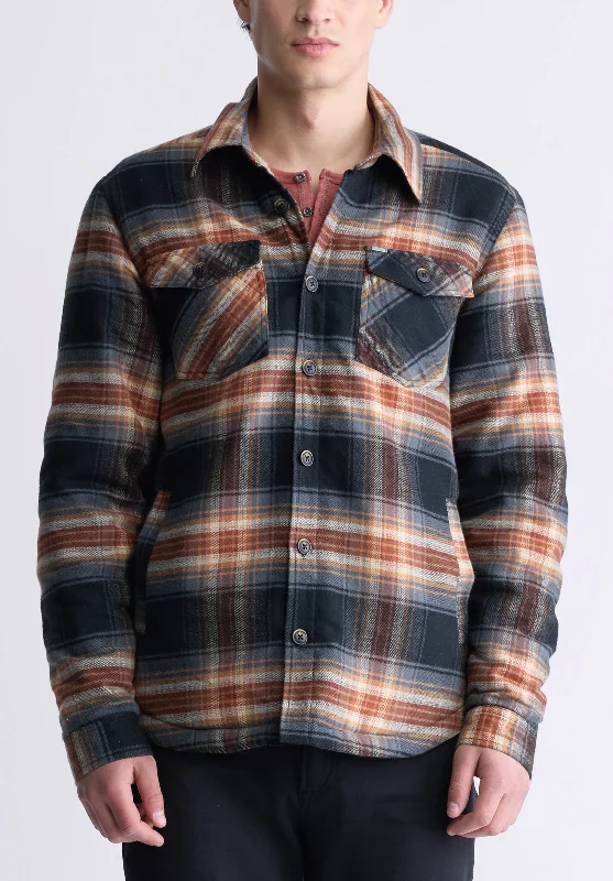 Men's tech-inspired utility jacket-Jalika Men's Plaid Shacket with Sherpa Lining, Black & Brown - BM24447