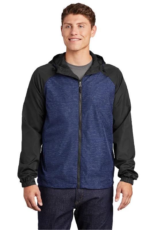 Men's relaxed fit fleece jacket-Sport-Tek Mens Wind & Water Resistant Full Zip Hooded Jacket - Heather True Royal Blue/Black - Closeout