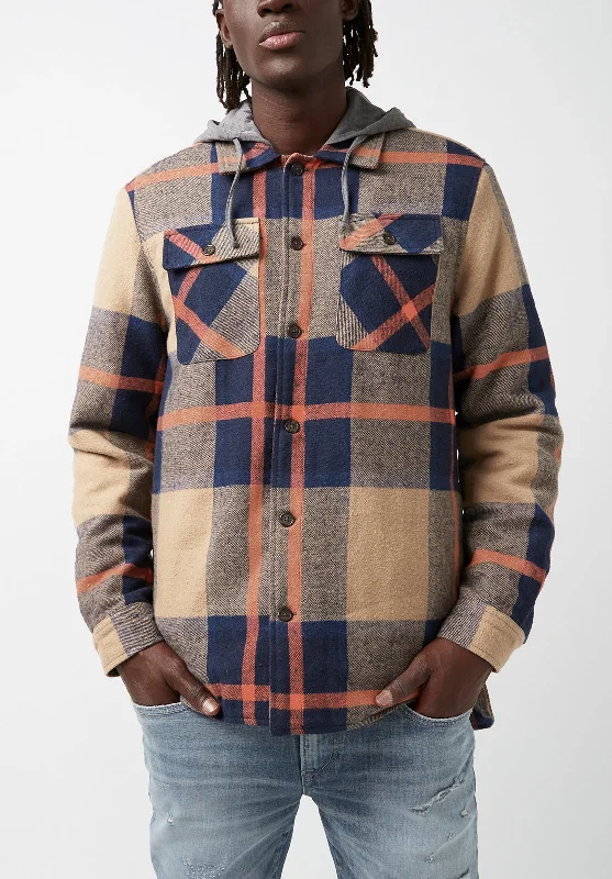 Men's wrinkle-resistant parka-Jiref Men’s Hoodie Shacket in Tan & Navy Plaid - BM24048