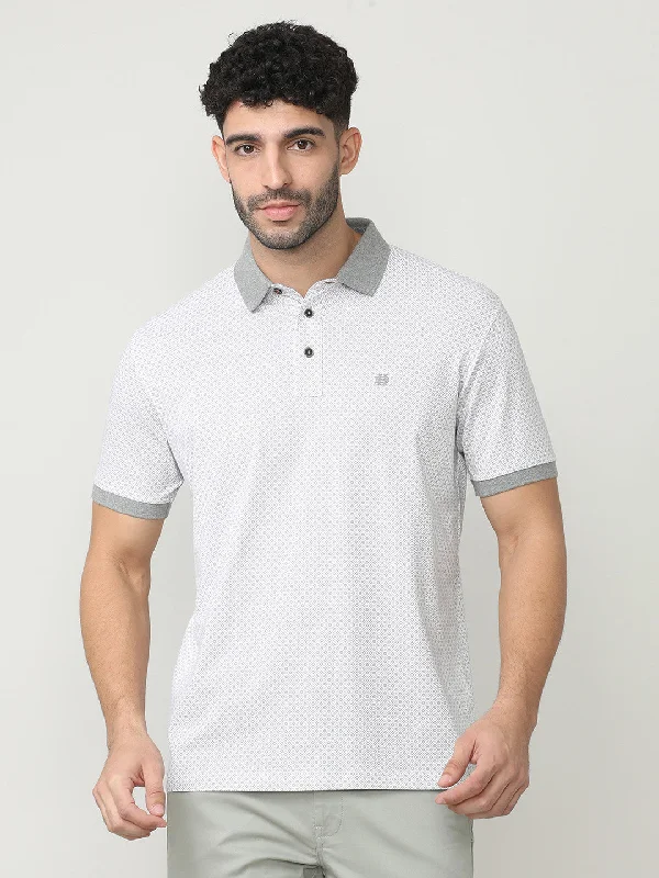 Men's modern dress wear polo shirt-White Pique Lycra Graphic Printed Polo T-shirt