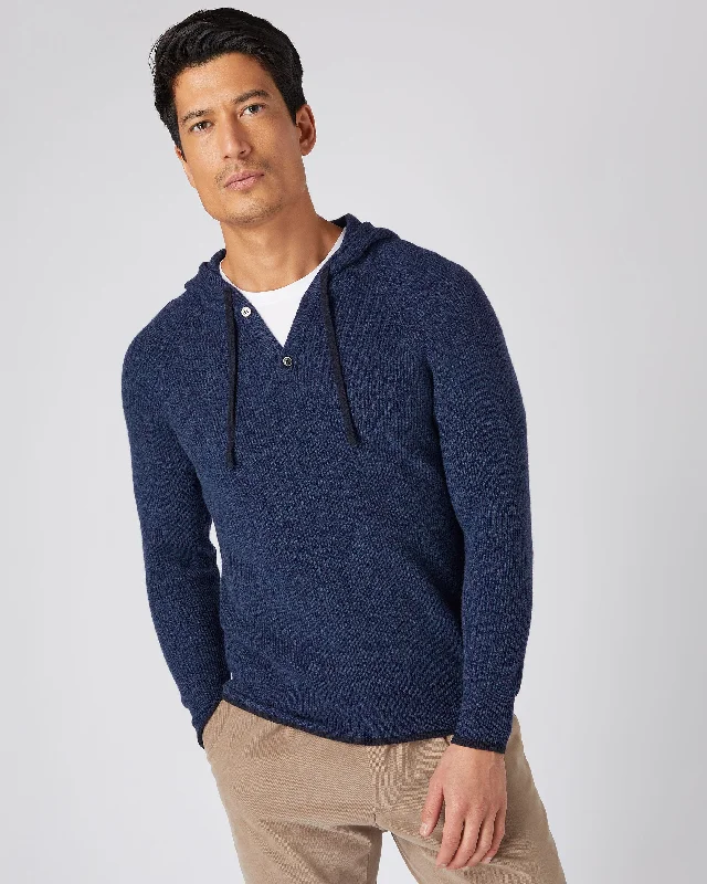 Men's gym sweater-Men's Half Button Hooded Cashmere Jumper Imperial Blue