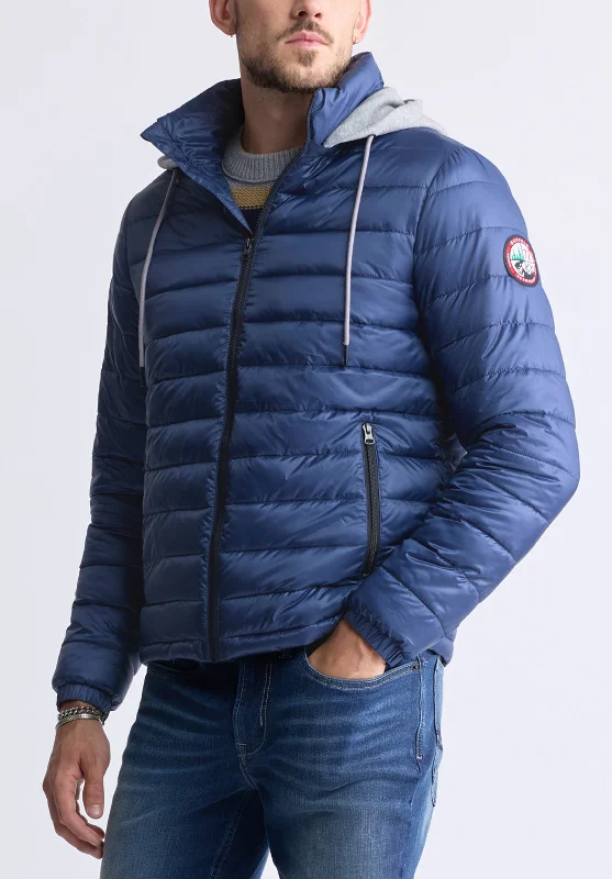 Men's ultra-lightweight field jacket-Vince Men’s Quilted Puffer Zip-Up Jacket with Contrasting Hoodie, Blue - OBMFE003