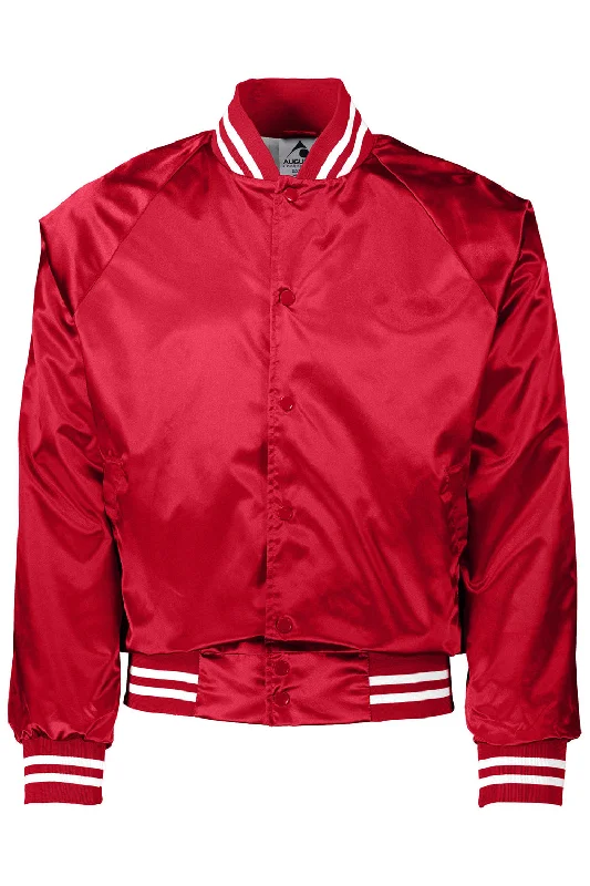 Men's wrinkle-free field jacket-Augusta Sportswear Mens Water Resistant Snap Front Satin Baseball Jacket w/ Striped Trim - Red/White