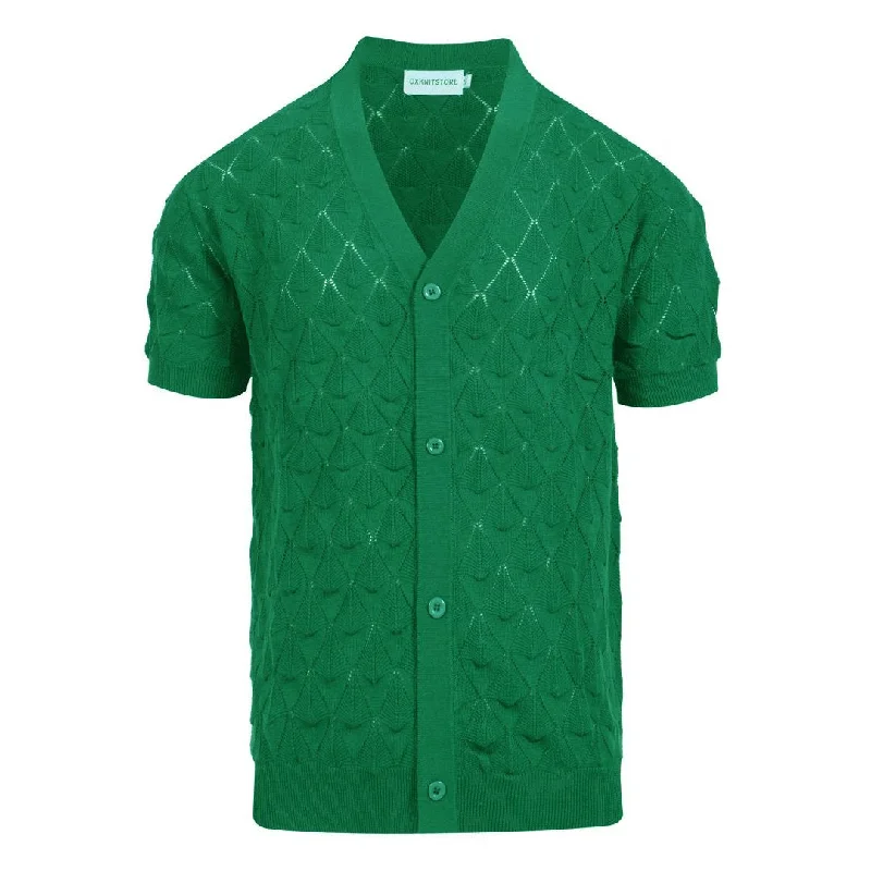 Men's climate-control t-shirt-Men's green texture knit short sleeve cardigan top