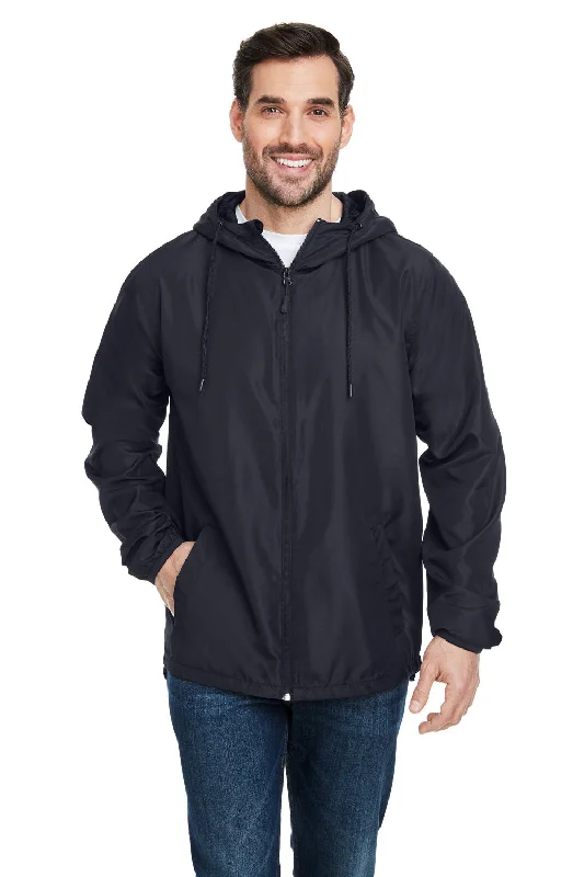 Men's comfortable fleece jacket-Burnside Mens Water Resistant Full Zip Hooded Windbreaker Jacket - Black