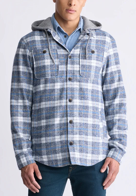 Men's summer bomber jacket-Jakeim Men's Plaid Hooded Shacket, Grey & Blue - BM24443