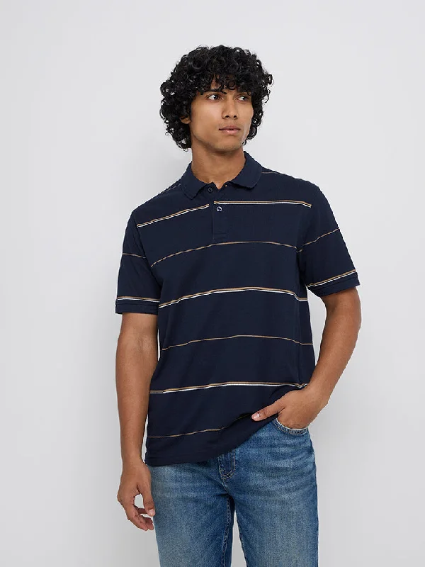 Men's lightweight dress polo shirt-WES Casuals Navy Blue Relaxed-Fit Cotton-Blend Polo T-Shirt