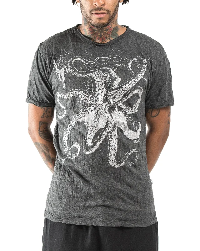 Men's minimalist t-shirt-Mens Octopus T-Shirt in Silver on Black