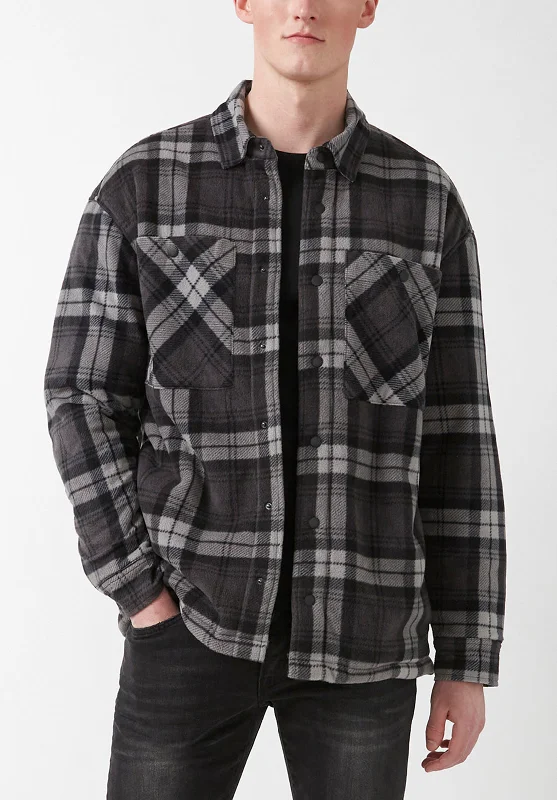 Men's weatherproof softshell jacket-Sandis Fleece Shacket in Black Plaid - BPM14426