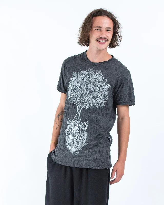 Men's contrast sleeve t-shirt-Mens Celtic Tree T-Shirt in Silver on Black