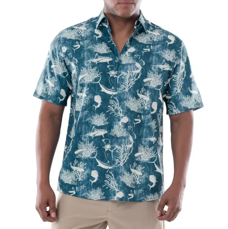 Men's performance travel shirt-Guy Harvey Short Sleeve Men's Woven Shirts Printed