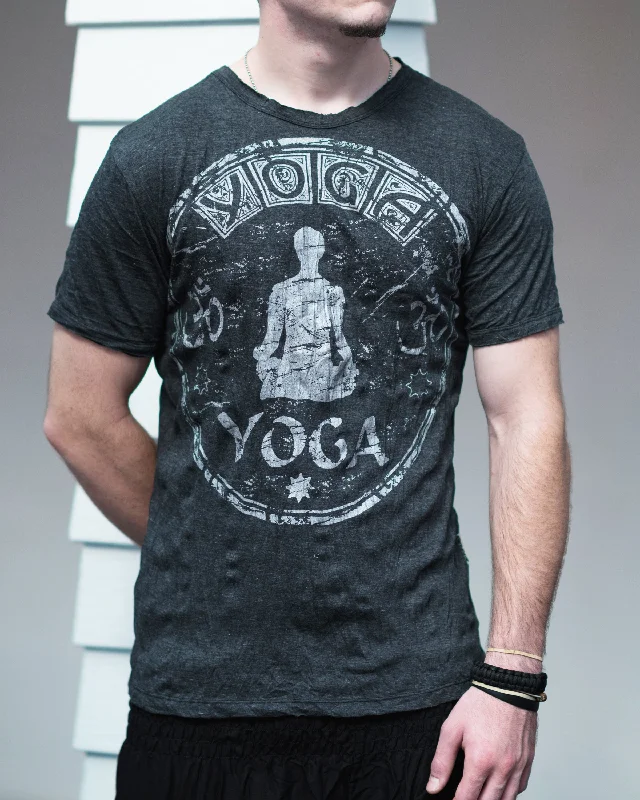 Men's artisanal t-shirt-Mens Infinitee Yoga Stamp  T-Shirt in Silver on Black