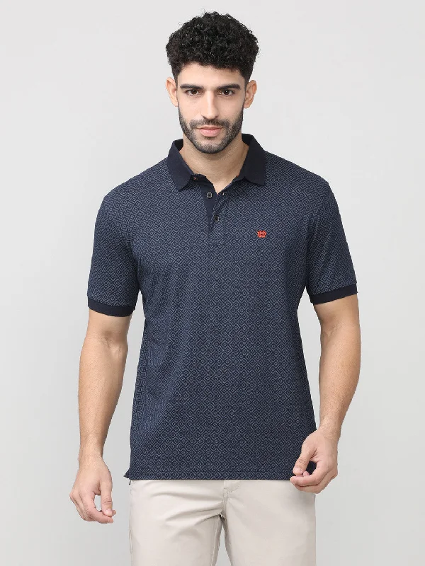 Men's lightweight gym polo shirt-Navy Pique Lycra Graphic Printed Polo T-shirt