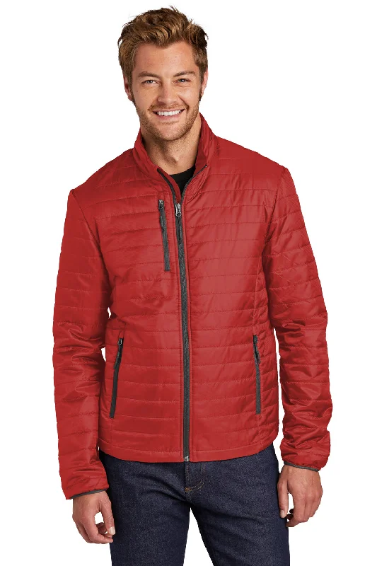 Men's performance leather jacket-Port Authority Mens Water Resistant Packable Puffy Full Zip Jacket - Fire Red/Graphite Grey