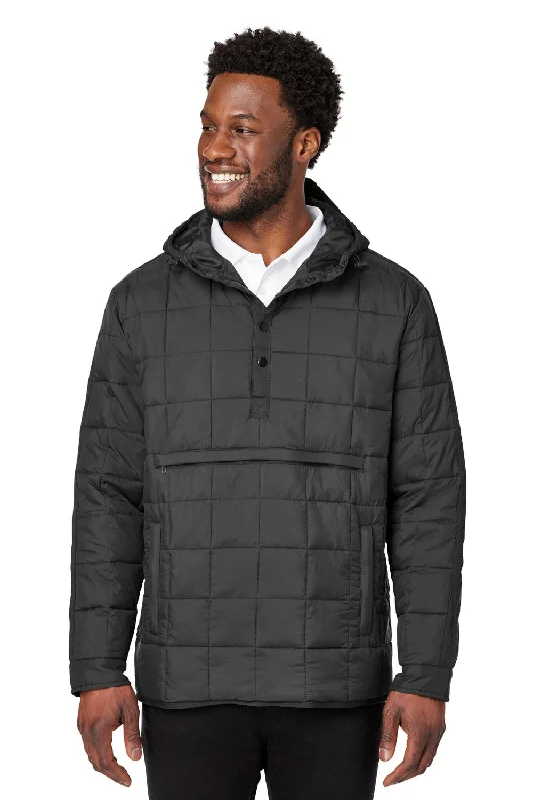 Men's wrinkle-resistant softshell jacket-North End Mens Aura Water Resistant Packable Hooded Anorak Jacket - Black