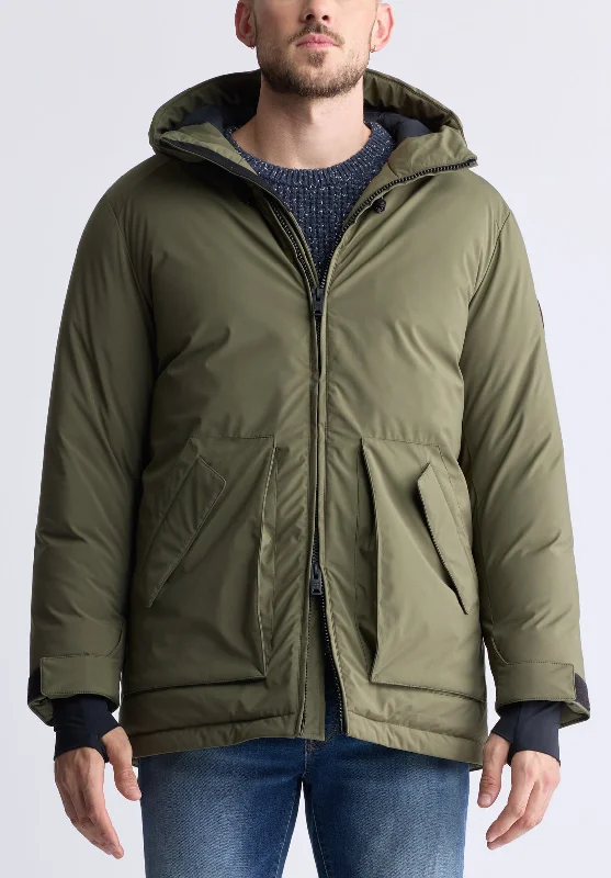 Men's fashion-forward fleece jacket-Gavin Men’s Mid-length Two-way Zip-up Classic Parka, Olive green - OBMFP001