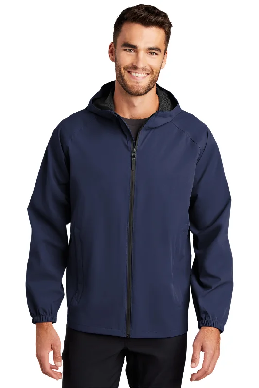 Men's summer bomber jacket-Port Authority Mens Essential Waterproof Full Zip Hooded Rain Jacket - True Navy Blue